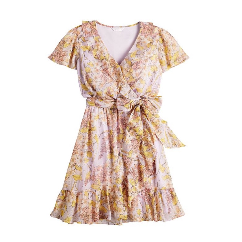 LC Lauren Conrad Pastel Pink and Yellow Floral Wrap Mini Dress